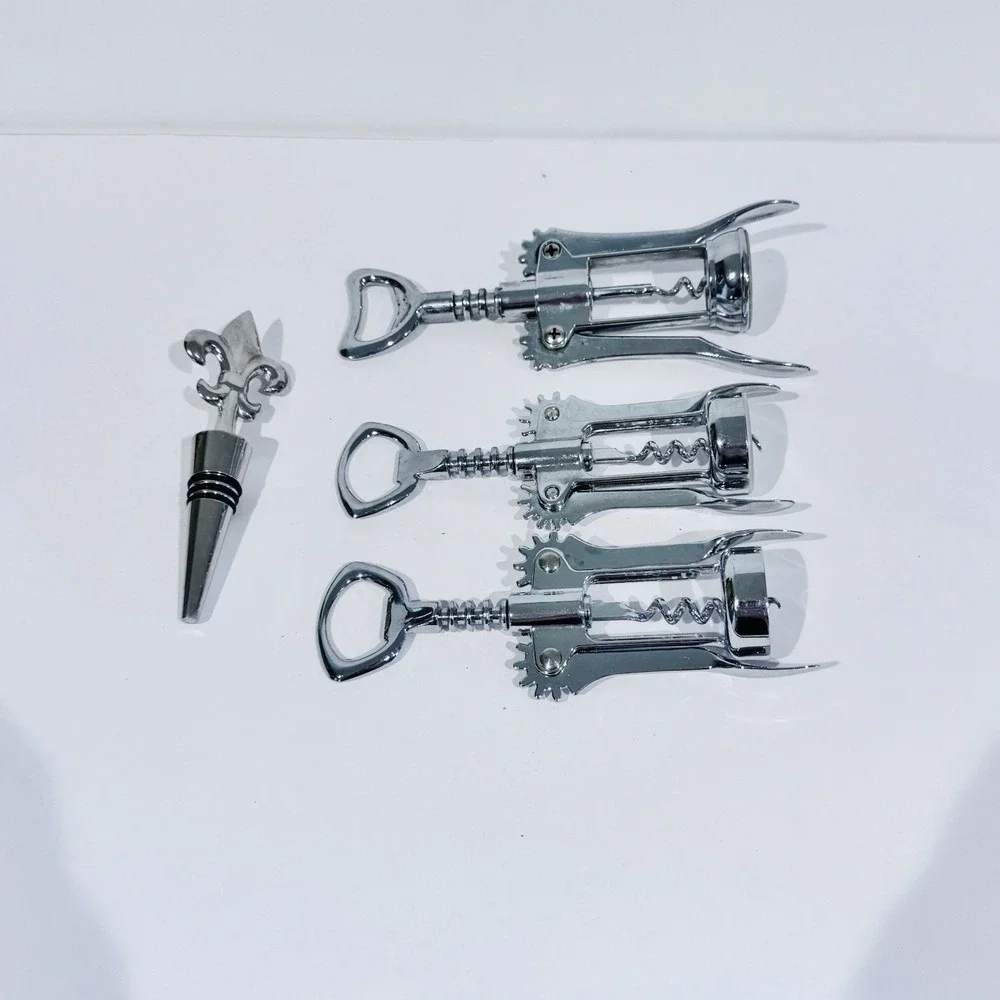 Lot Of 3 Wing‎ Cork Screw Bottle Openers & 1 Fleur De Lis Chrome Bottle Stopper